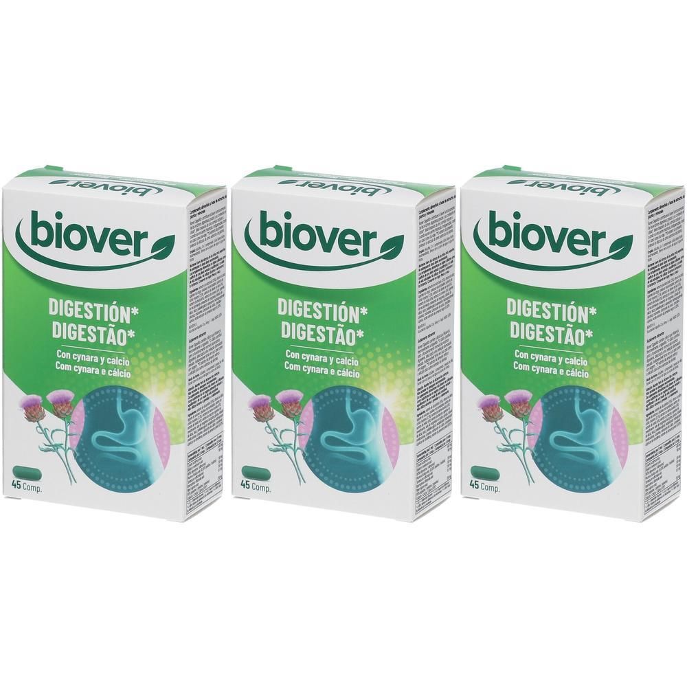 Drie dozen van het product. Opschrift: Digestion, met artisjok en calcium. Merk Biover.