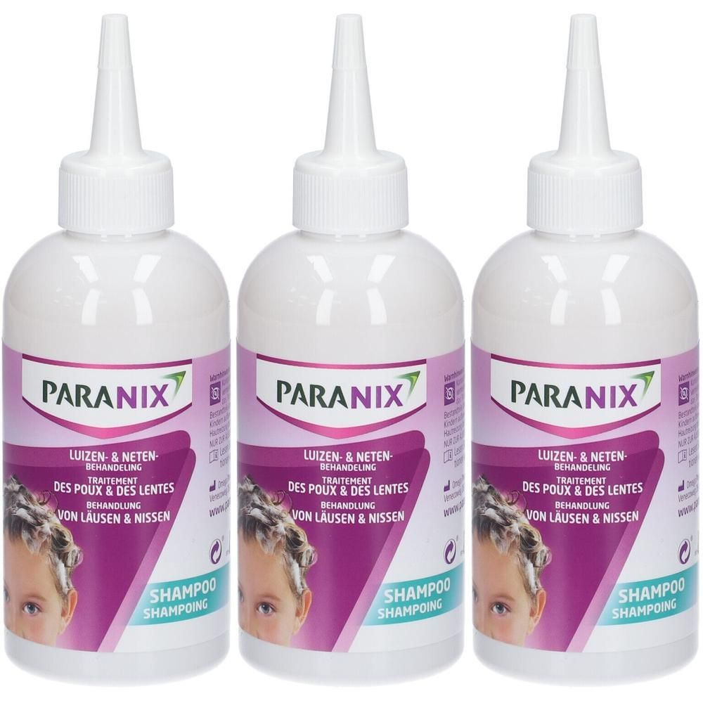 Drie witte flessen met PARANIX-label. Opschrift: Behandeling van luizen en neten. Shampoo.