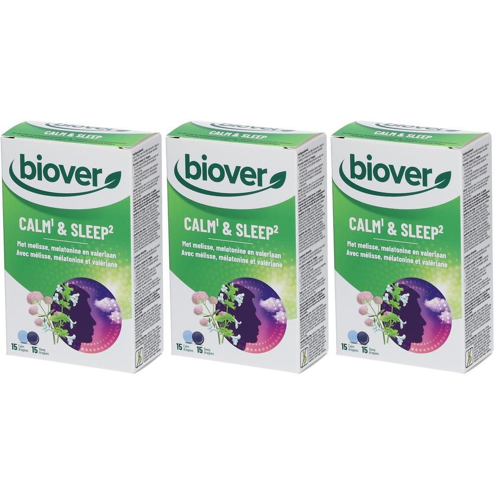 Trois boîtes de "CALM & SLEEP2" avec le logo "biover". L'emballage est blanc avec des accents verts et violets.