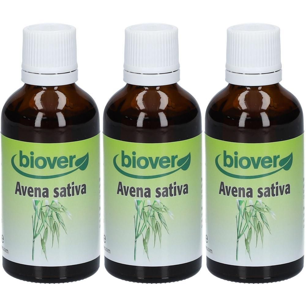 Trois flacons en verre brun avec bouchons blancs. Étiquettes : "biover Avena sativa".