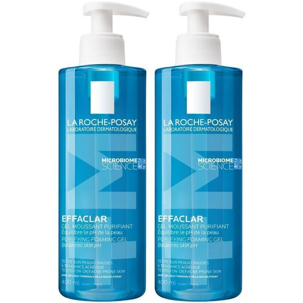 Twee blauwe flessen Effaclar Gel Moussant Purifiant. Met witte pomp.