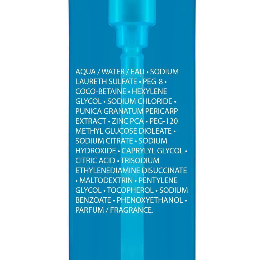 Ingrédients Effaclar Gel Moussant Purifiant. Texte bleu et blanc.