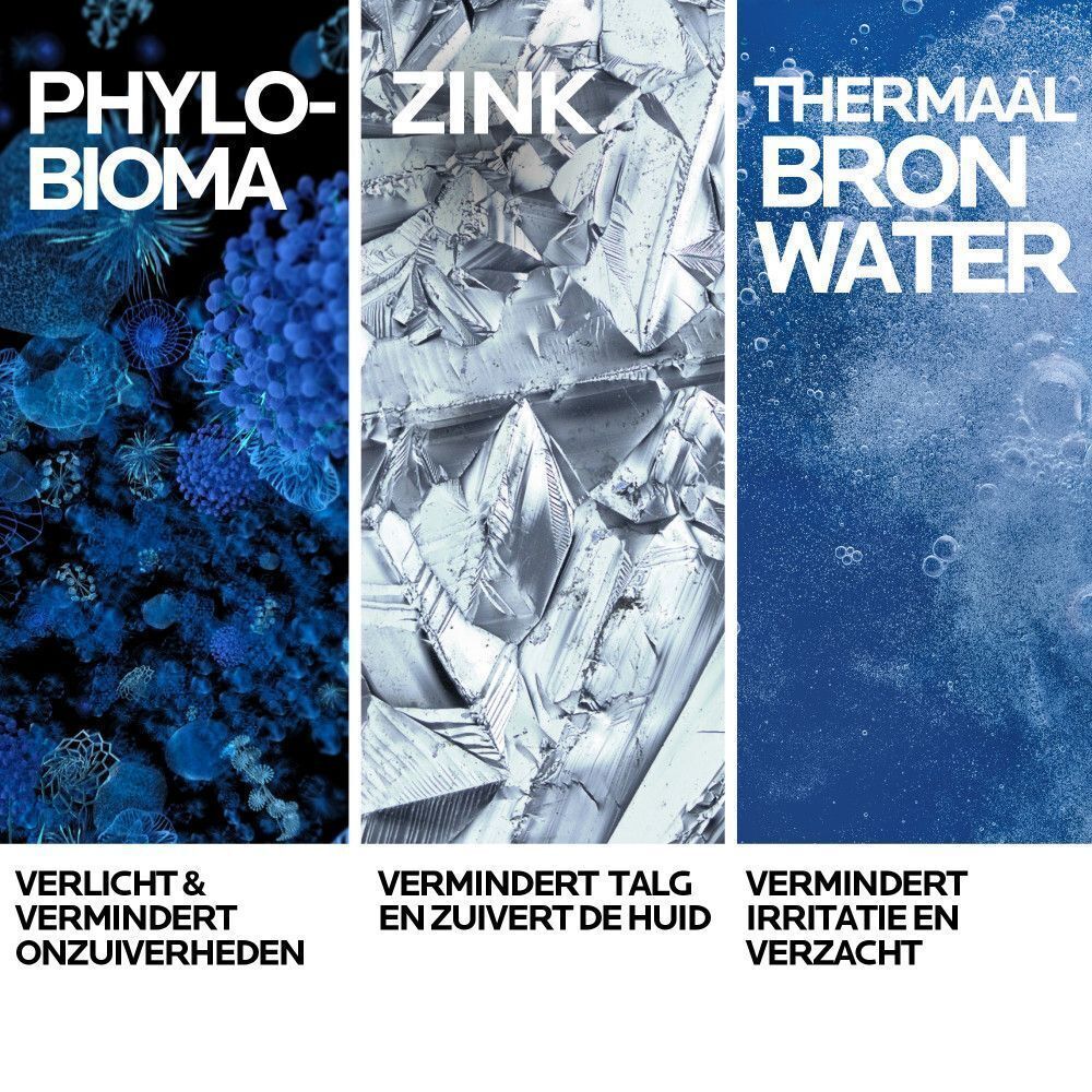 Drie afbeeldingen met tekst: Phylo-Bioma, Zink, Thermaal Bronwater. Blauwe en zilveren elementen.