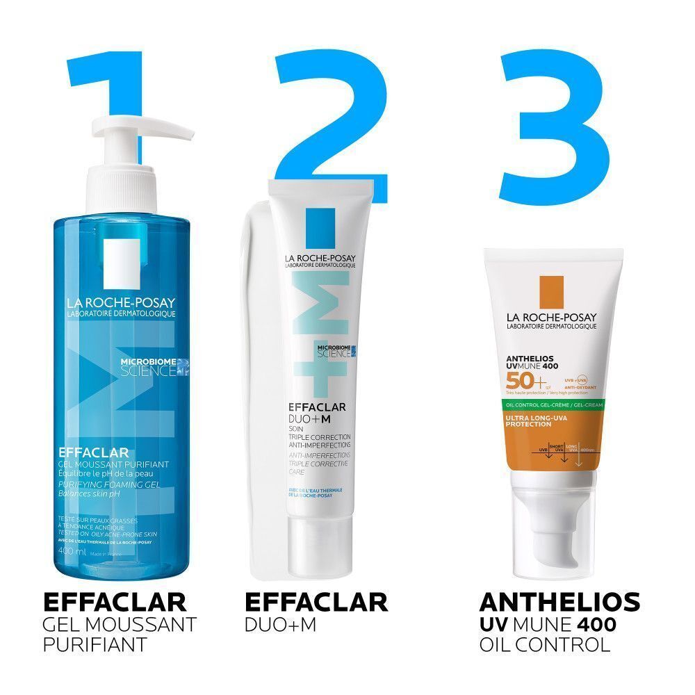 Trois produits : Effaclar Gel, Duo+M et Anthelios UV Mune 400. Blanc et orange.