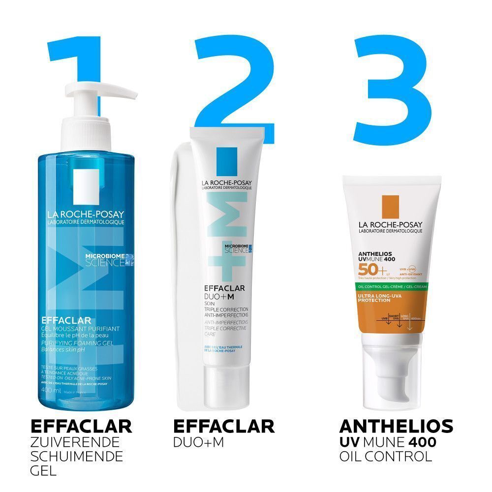 Drie producten: Effaclar Gel, Duo+M en Anthelios UV Mune 400. Wit en oranje.