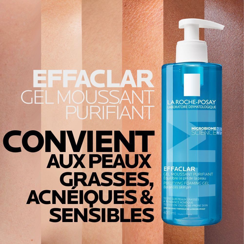 Effaclar Gel Moussant Purifiant à côté du texte : Convient aux peaux grasses, acnéiques.