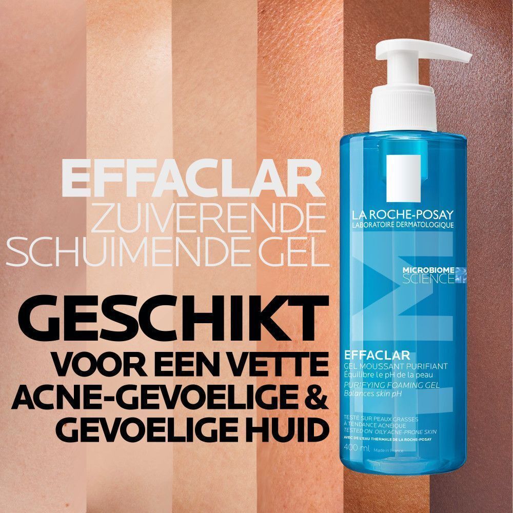 Effaclar Gel Moussant Purifiant naast tekst: Geschikt voor een vette en acnegevoelige huid.