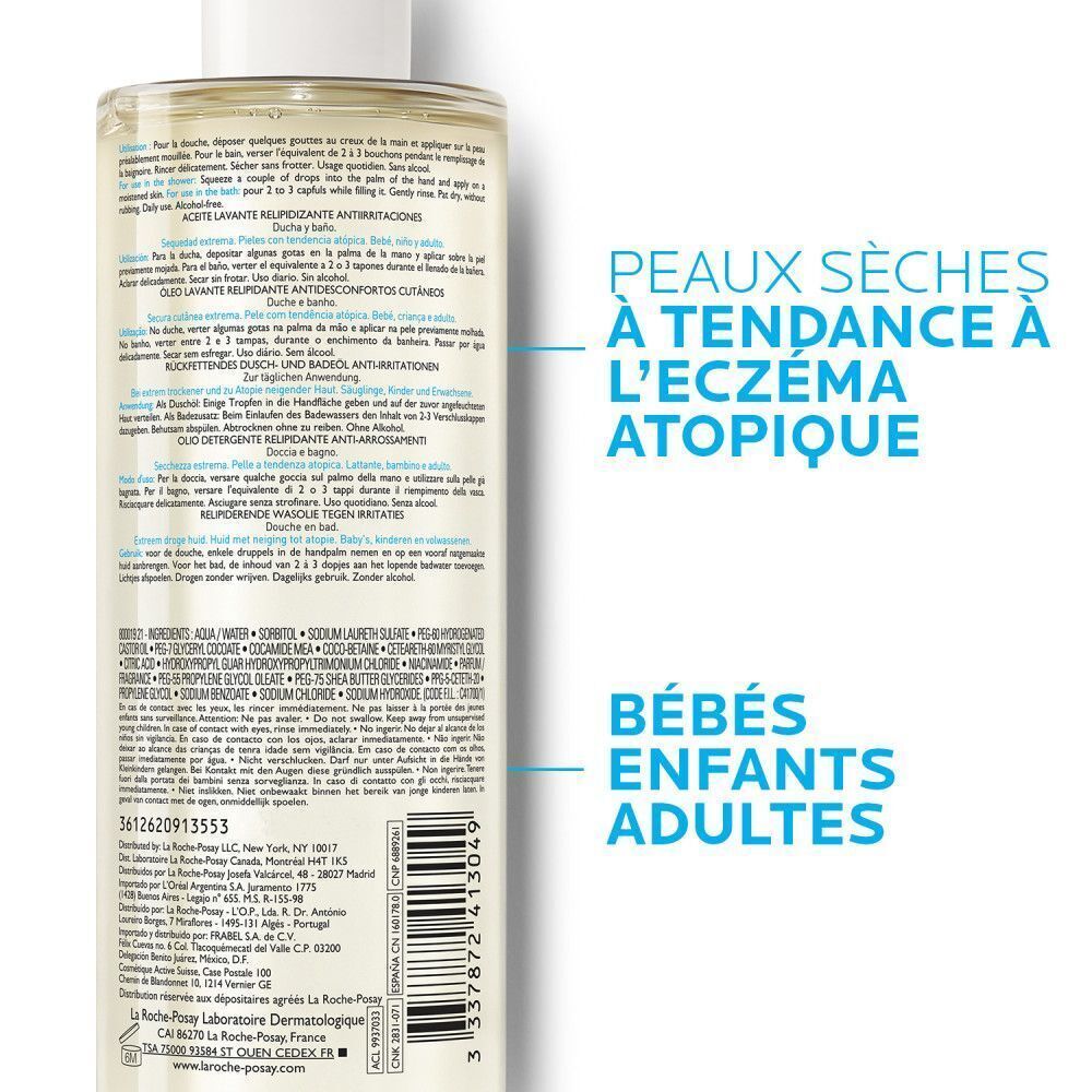 Dos du flacon La Roche-Posay Lipikar AP+ Huile Lavante. Texte: utilisation.