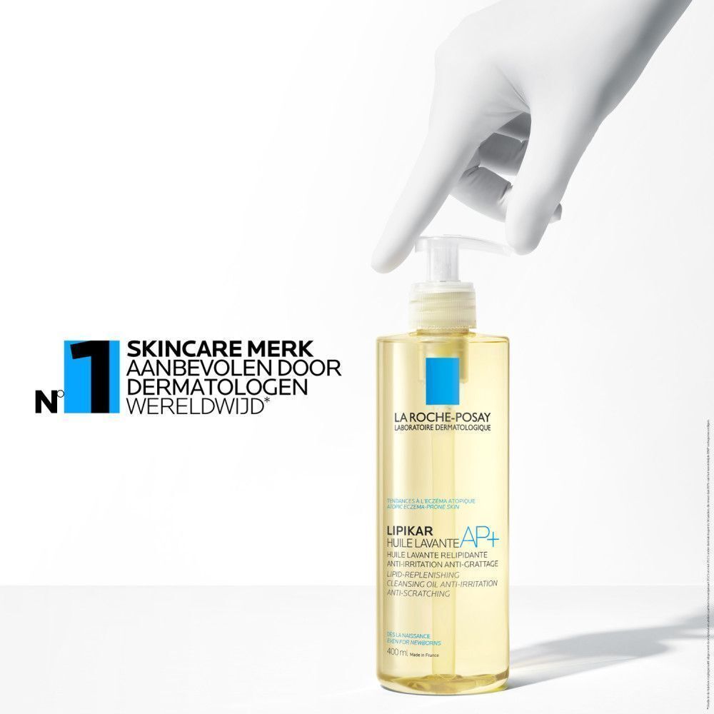 Achterkant van de La Roche-Posay Lipikar AP+ Huile Lavante fles. Tekst: gebruik.