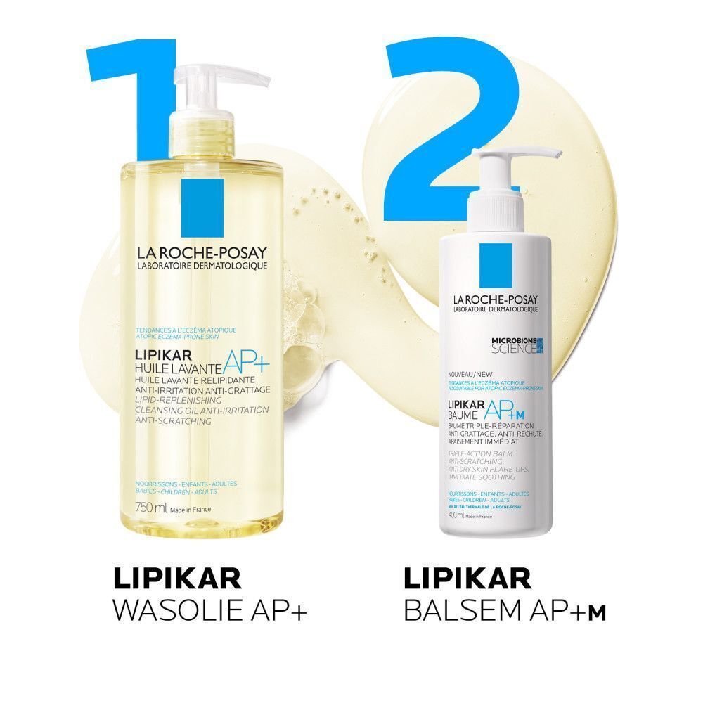 Hand die La Roche-Posay Lipikar AP+ Huile Lavante fles aanraakt. Tekst: nr. 1 huidverzorging.