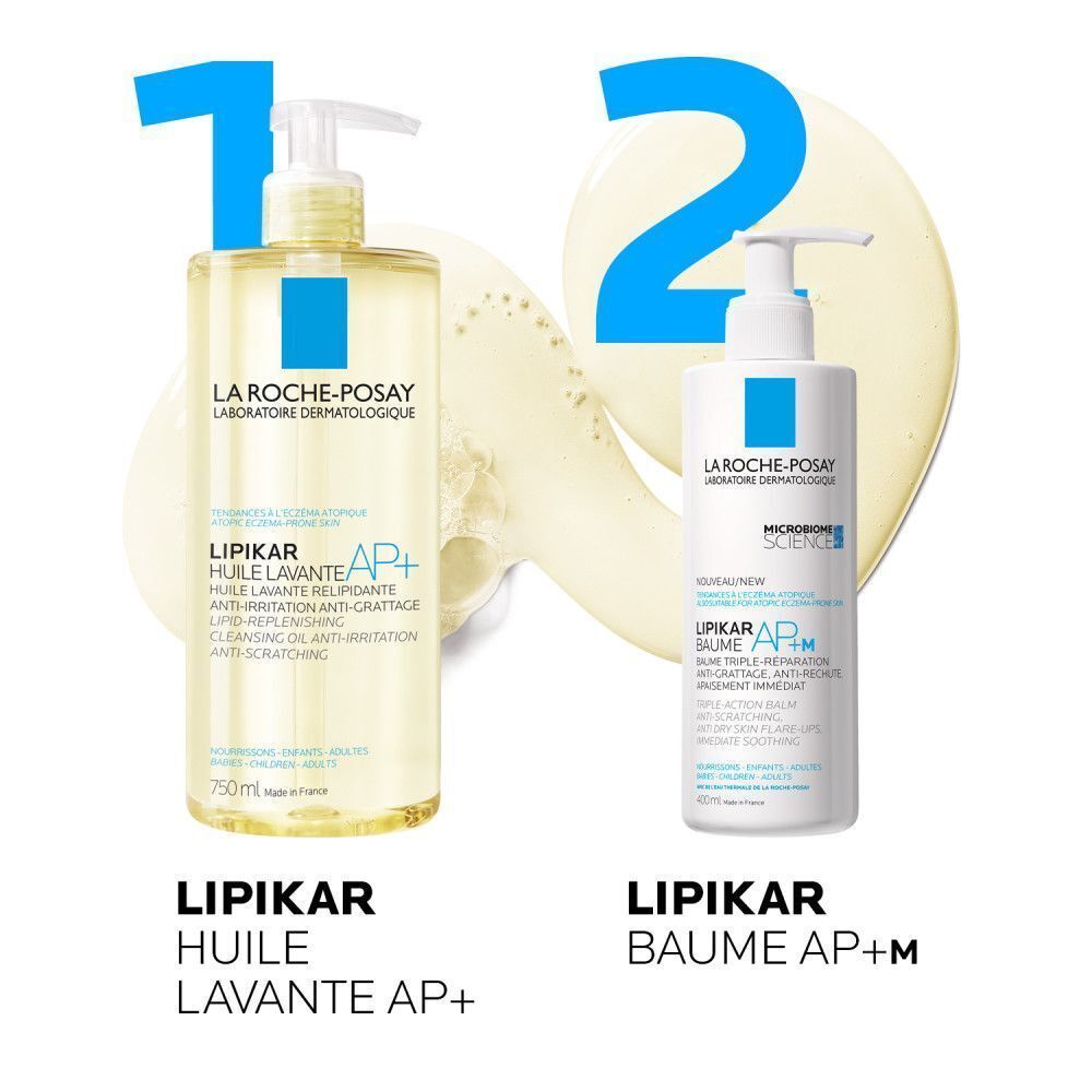Deux produits La Roche-Posay : Lipikar Huile Lavante AP+ et Baume AP+M. 750ml et 400ml.