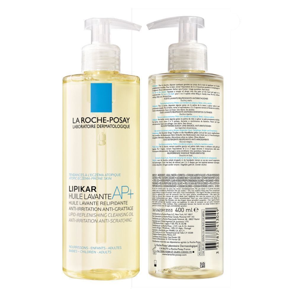 La Roche-Posay Lipikar AP+ Huile Lavante fles. 400ml. Achterkant met tekst.