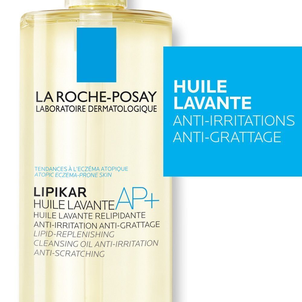 Gros plan La Roche-Posay Lipikar AP+ Huile Lavante. Texte: anti-irritations, anti-grattage.
