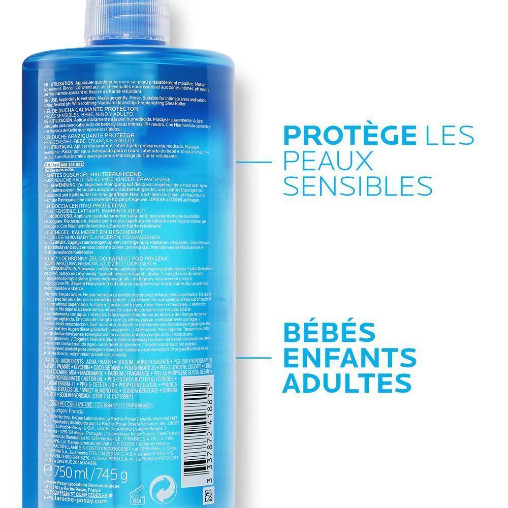 Flacon bleu La Roche-Posay Lipikar Gel Lavant. Texte: Protège les peaux sensibles, Bébés, Enfants, Adultes. Volume: 750ml.