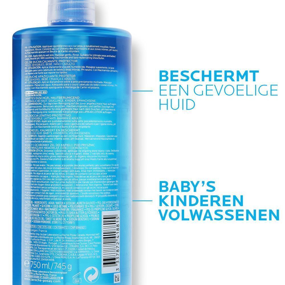 Blauwe fles La Roche-Posay Lipikar Gel Lavant. Tekst: Beschermt een gevoelige huid, Baby's, Kinderen, Volwassenen. 750ml.