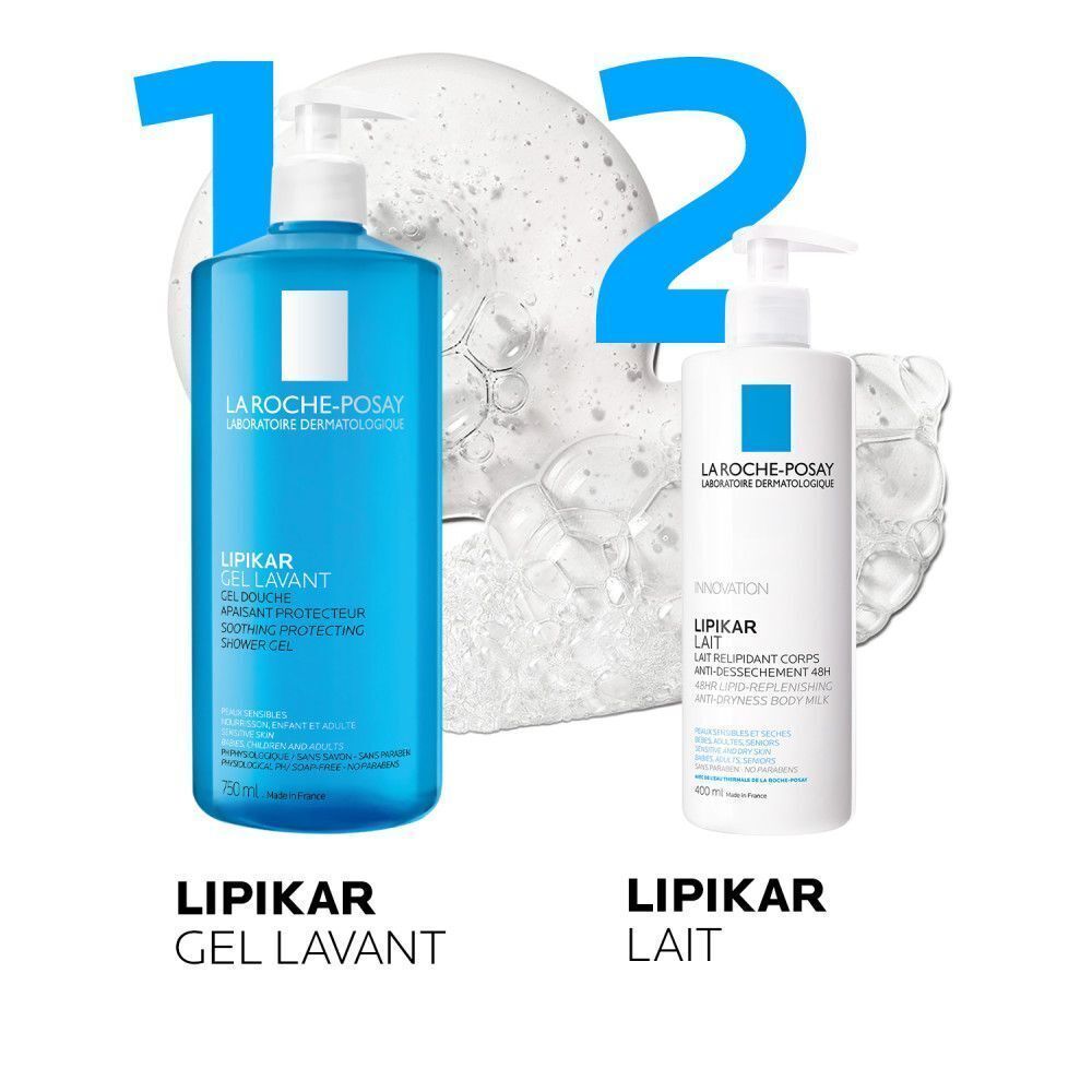 Deux produits: La Roche-Posay Lipikar Gel Lavant et Lipikar Lait. Gel Lavant en flacon bleu, Lait en flacon blanc. Bulles de mousse.