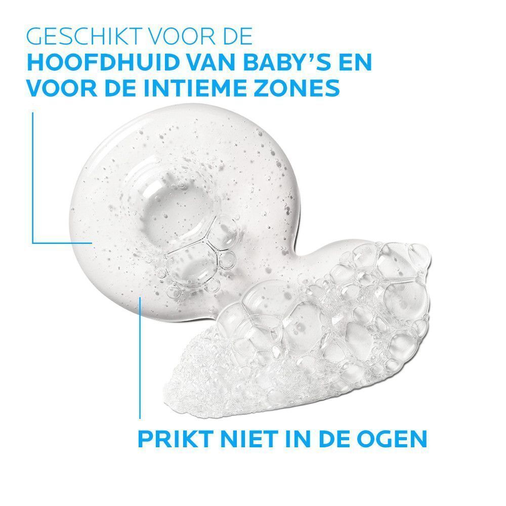 Schuim met tekst: Geschikt voor de hoofdhuid van baby's en voor de intieme zones, Prikt niet in de ogen.