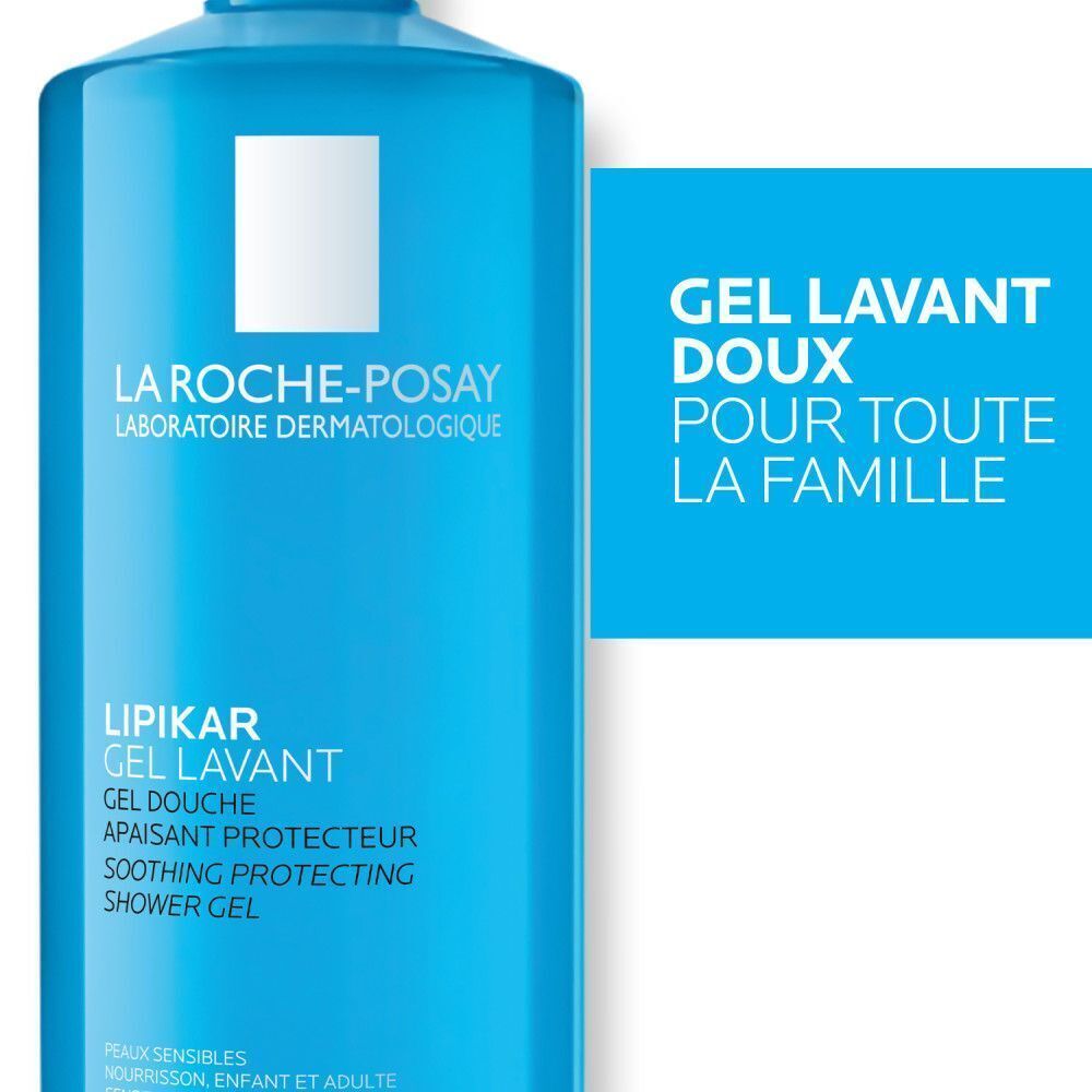 Flacon bleu La Roche-Posay Lipikar Gel Lavant. Texte: Gel Lavant doux pour toute la famille.