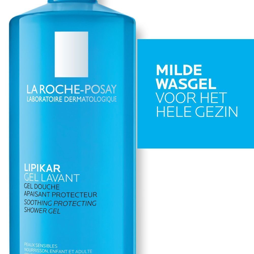 Blauwe fles La Roche-Posay Lipikar Gel Lavant. Tekst: Milde wasgel voor het hele gezin.