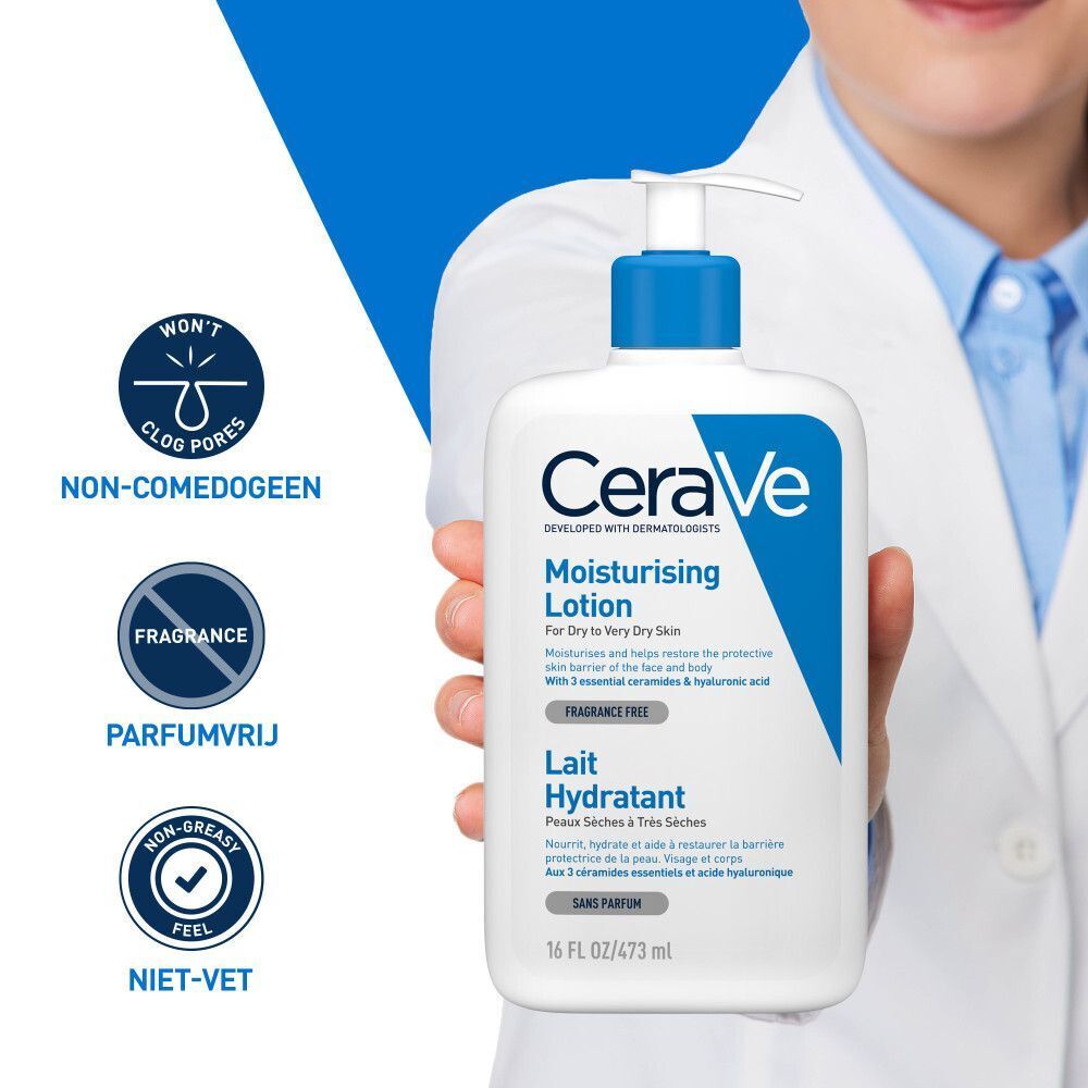 CeraVe Moisturising Lotion met pomp. Opschrift: Lait Hydratant, niet-comedogeen, parfumvrij, niet-vet.