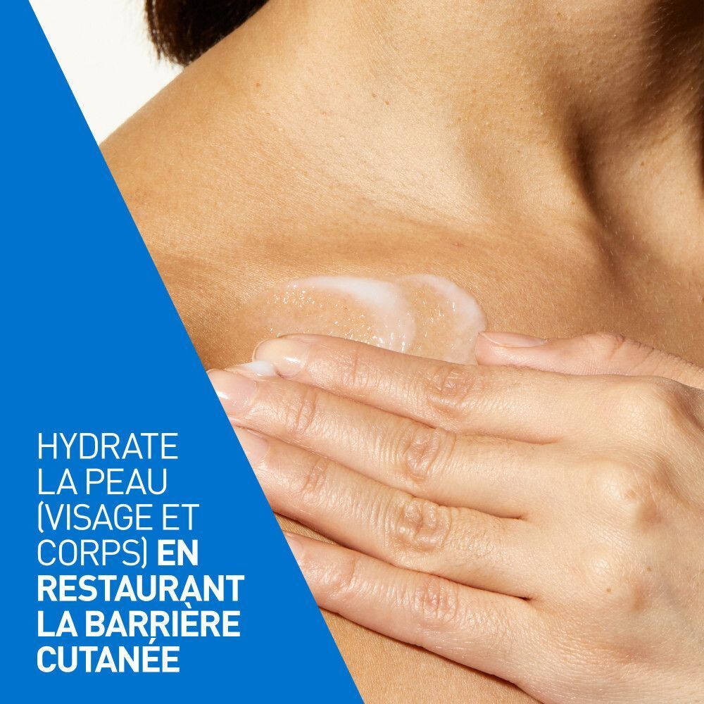 Personne applique de la lotion sur la peau. Texte : Hydrate la peau (visage et corps) en restaurant la barrière cutanée.
