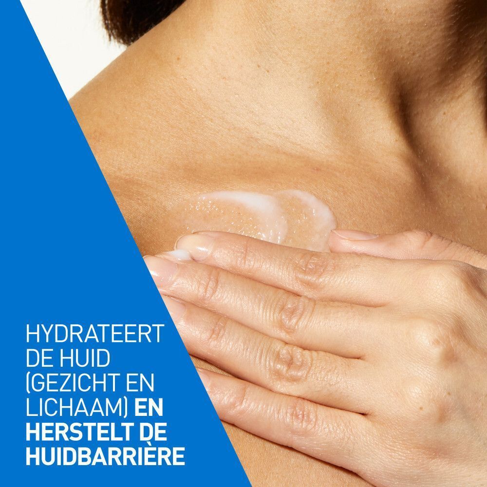 Persoon brengt lotion aan op de huid. Tekst: Hydrateert de huid (gezicht en lichaam) en herstelt de huidbarrière.