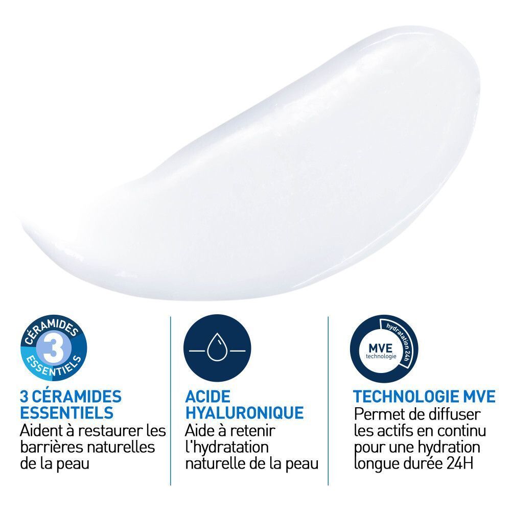 Gros plan d'une goutte de lotion. Texte : 3 Céramides Essentiels, Acide Hyaluronique, Technologie MVE.
