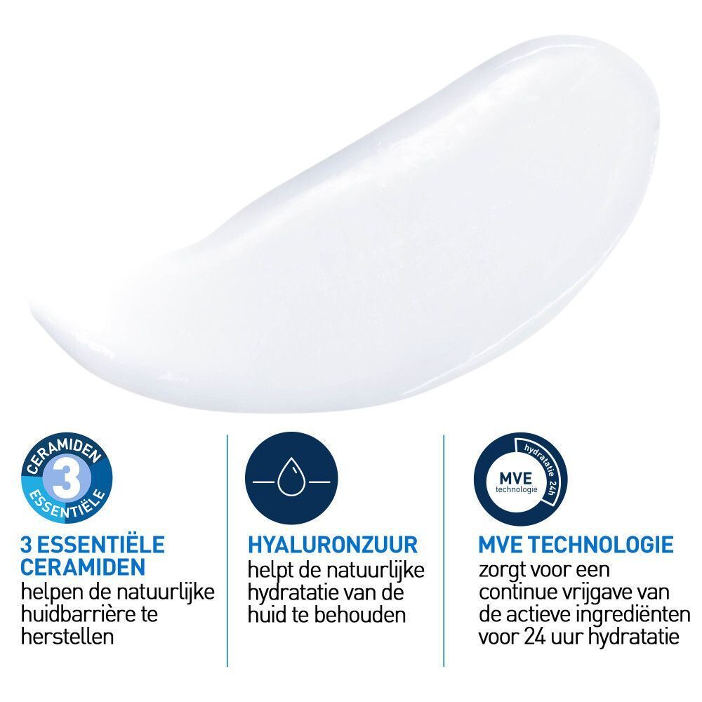 Close-up van een klodder lotion. Tekst: 3 Essentiële Ceramiden, Hyaluronzuur, MVE Technologie.