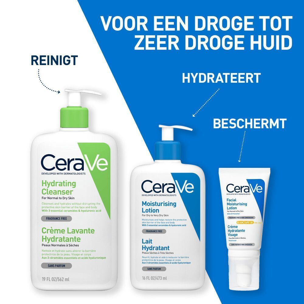 Drie CeraVe-producten: Hydrating Cleanser, Moisturising Lotion, Facial Moisturizing Lotion. Tekst: Voor een droge tot zeer droge huid.