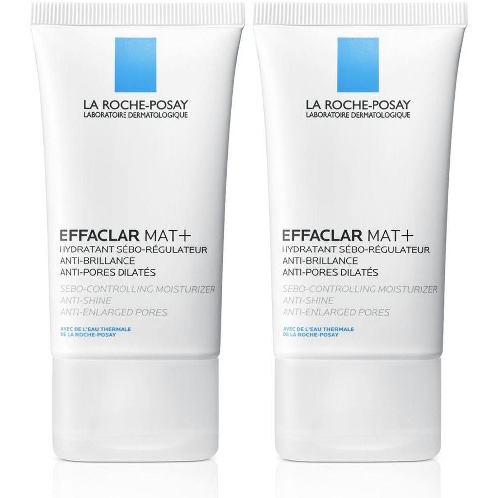 Deux tubes de La Roche-Posay Effaclar Mat+. Tubes blancs avec logo bleu et texte.