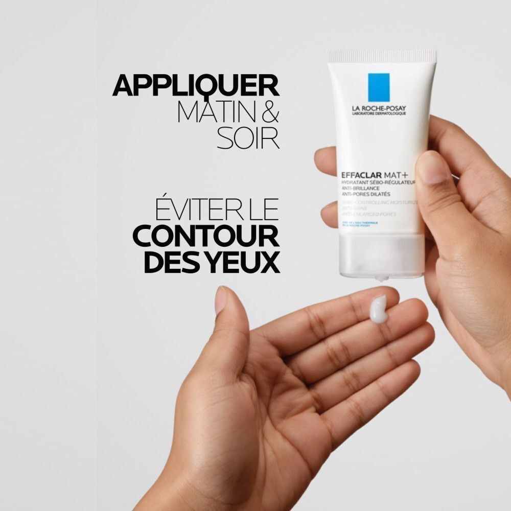 Main tenant un tube Effaclar Mat+. Produit sur la paume. Texte: Appliquer matin & soir.