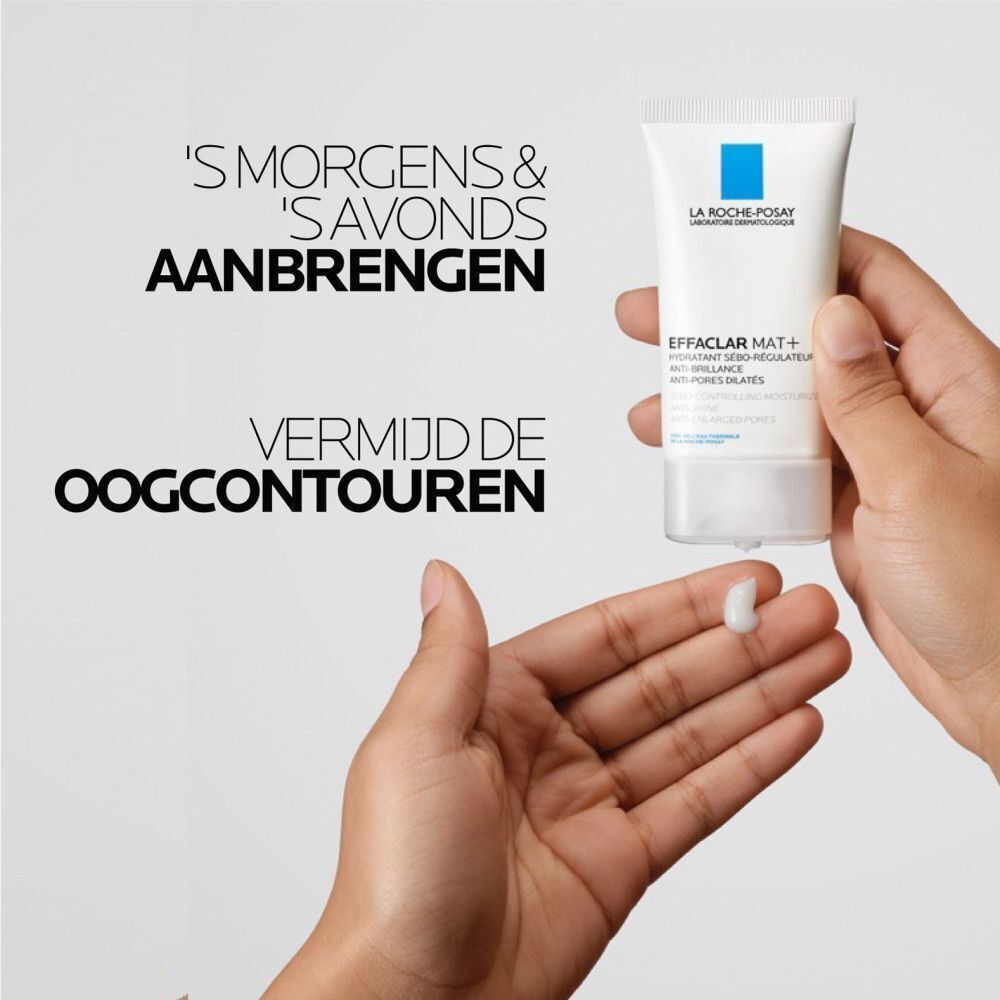 Hand houdt tube Effaclar Mat+ vast. Product op handpalm. Tekst: 'S morgens & 's avonds aanbrengen.