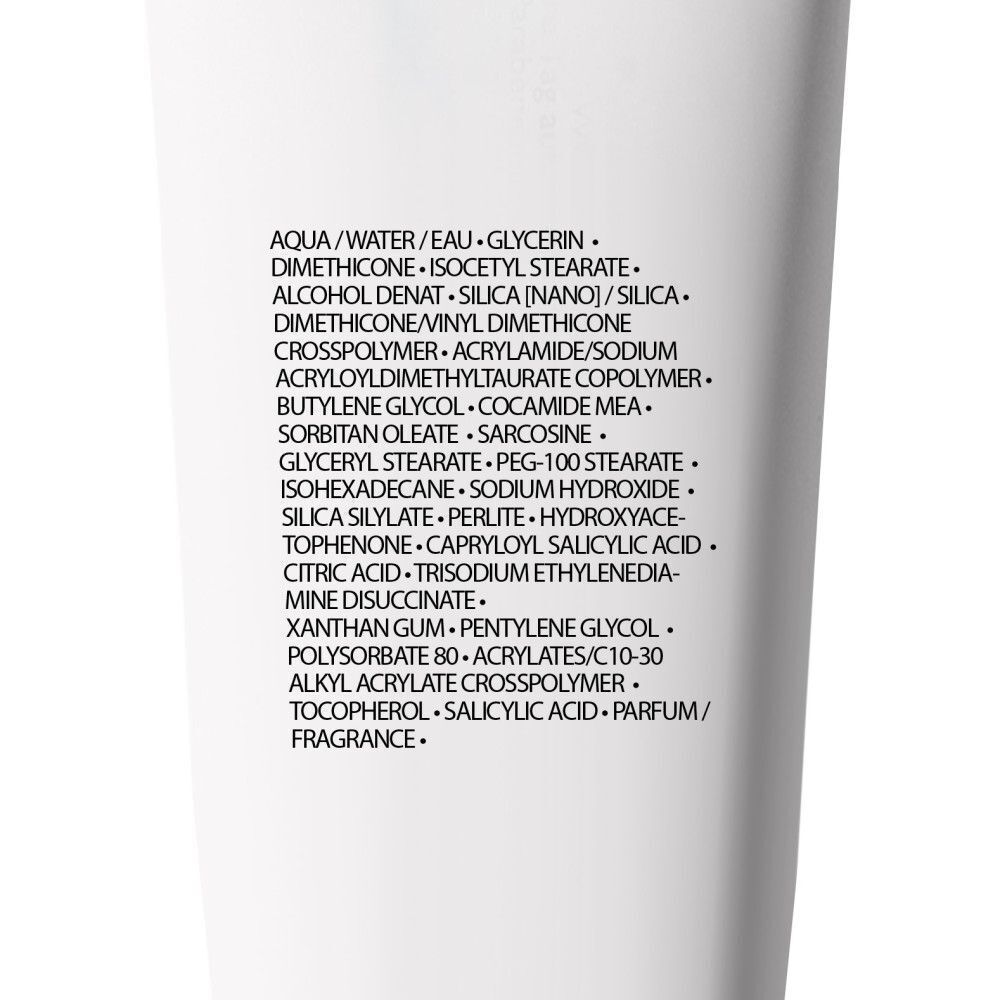 Close-up van ingrediënten La Roche-Posay Effaclar Mat+ op witte achtergrond.