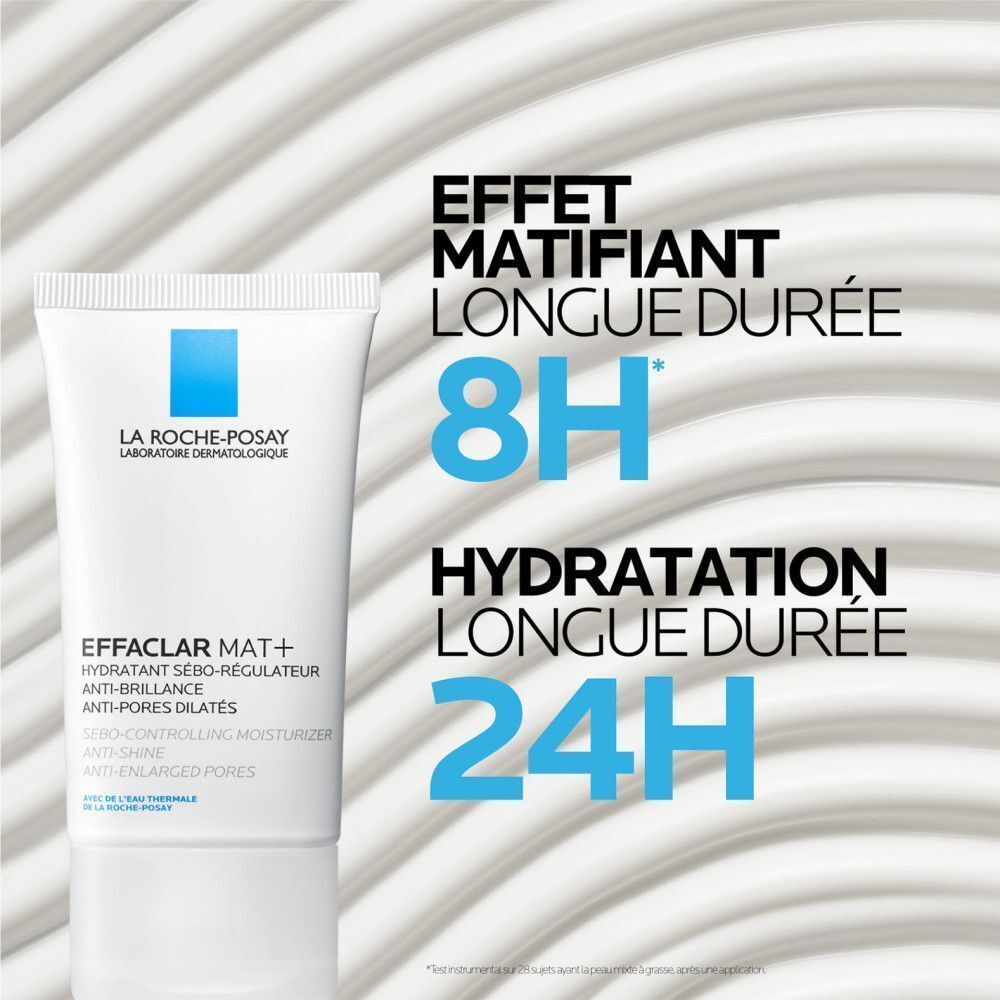 Tube La Roche-Posay Effaclar Mat+. Texte: Effet matifiant longue durée. 8H. Hydratation 24H.