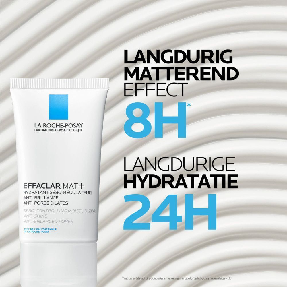 La Roche-Posay Effaclar Mat+ tube. Tekst: Langdurig matterend effect. 8H. Hydratatie 24H.