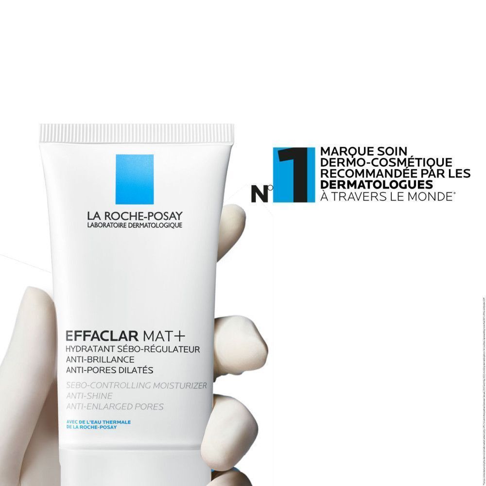 Tube La Roche-Posay Effaclar Mat+. Texte: Marque soin dermo-cosmétique recommandée par les dermatologues.