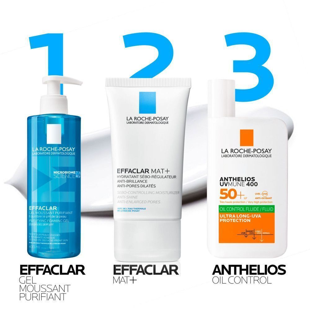 Trois produits: Effaclar Gel, Effaclar Mat+, Anthelios Oil Control. Tous avec logo et texte.