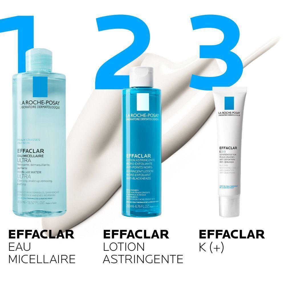 Trois produits: Effaclar Eau Micellaire, Effaclar Lotion Astringente, Effaclar K(+). Emballages bleus et blancs.