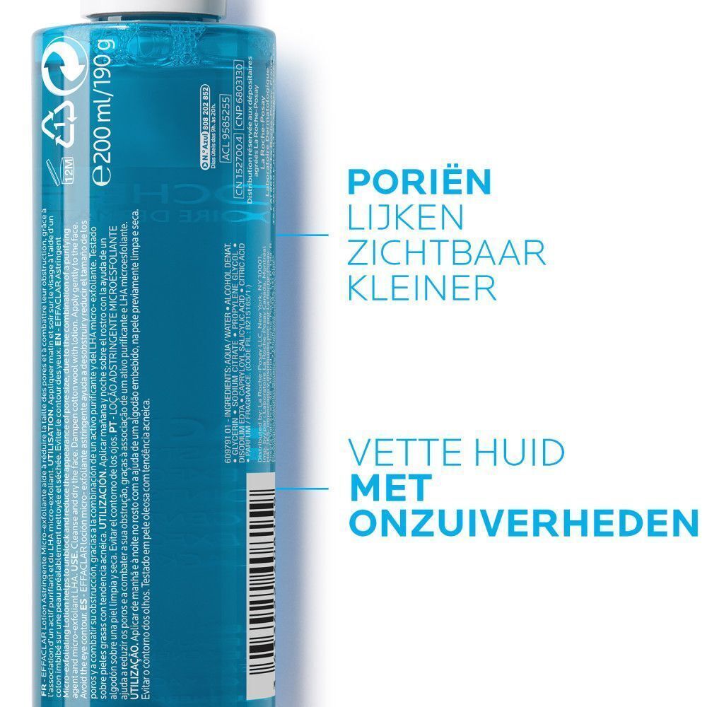 Detail van een blauwe fles Effaclar Lotion Astringente. Tekst: 'Poriën lijken zichtbaar kleiner', 'Vette huid met onzuiverheden'.