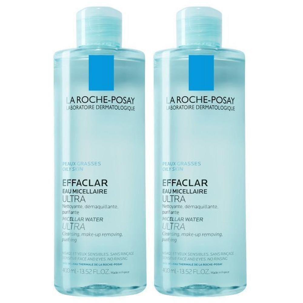 Deux flacons d'Eau Micellaire Ultra Effaclar La Roche-Posay. Liquide clair dans des flacons transparents avec bouchon et étiquette bleus.