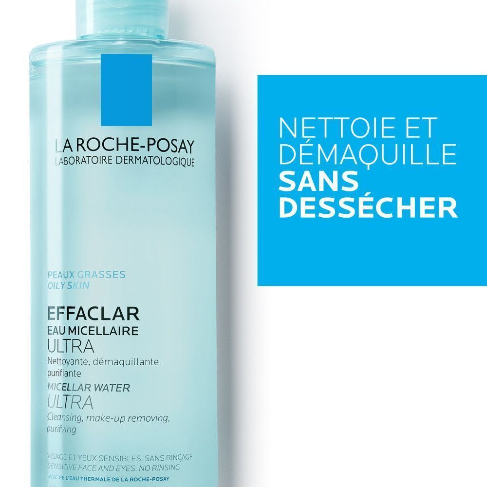 Flacon d'Eau Micellaire Ultra Effaclar La Roche-Posay. Boîte texte bleue : Nettoie et démaquille sans dessécher.