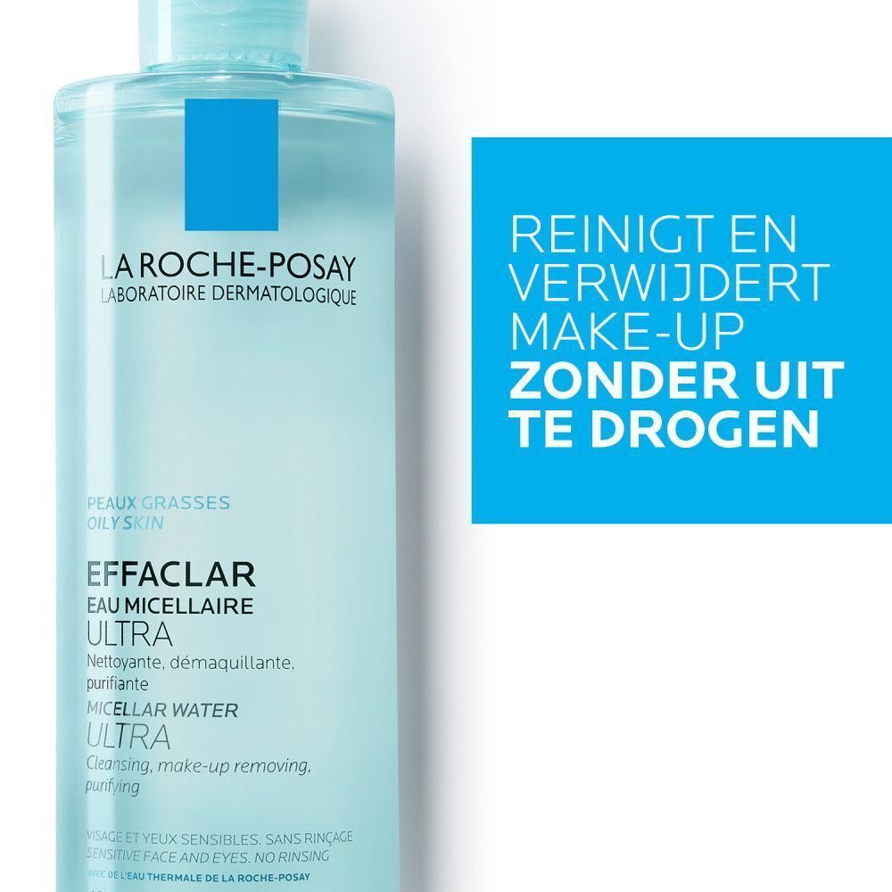 Fles La Roche-Posay Effaclar Ultra Micellair Water. Blauwe tekstbox: Reinigt en verwijdert make-up zonder uit te drogen.