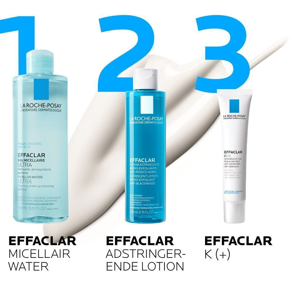 Drie La Roche-Posay Effaclar producten: Eau Micellaire, Adstringerende Lotion, K(+). Op witte achtergrond met nummers.