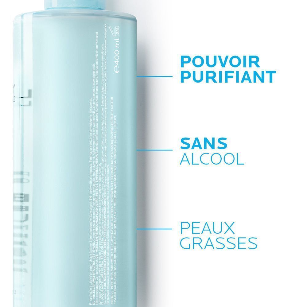 Flacon d'Eau Micellaire Ultra Effaclar La Roche-Posay. Texte : Pouvoir Purifiant, Sans Alcool, Peaux Grasses.