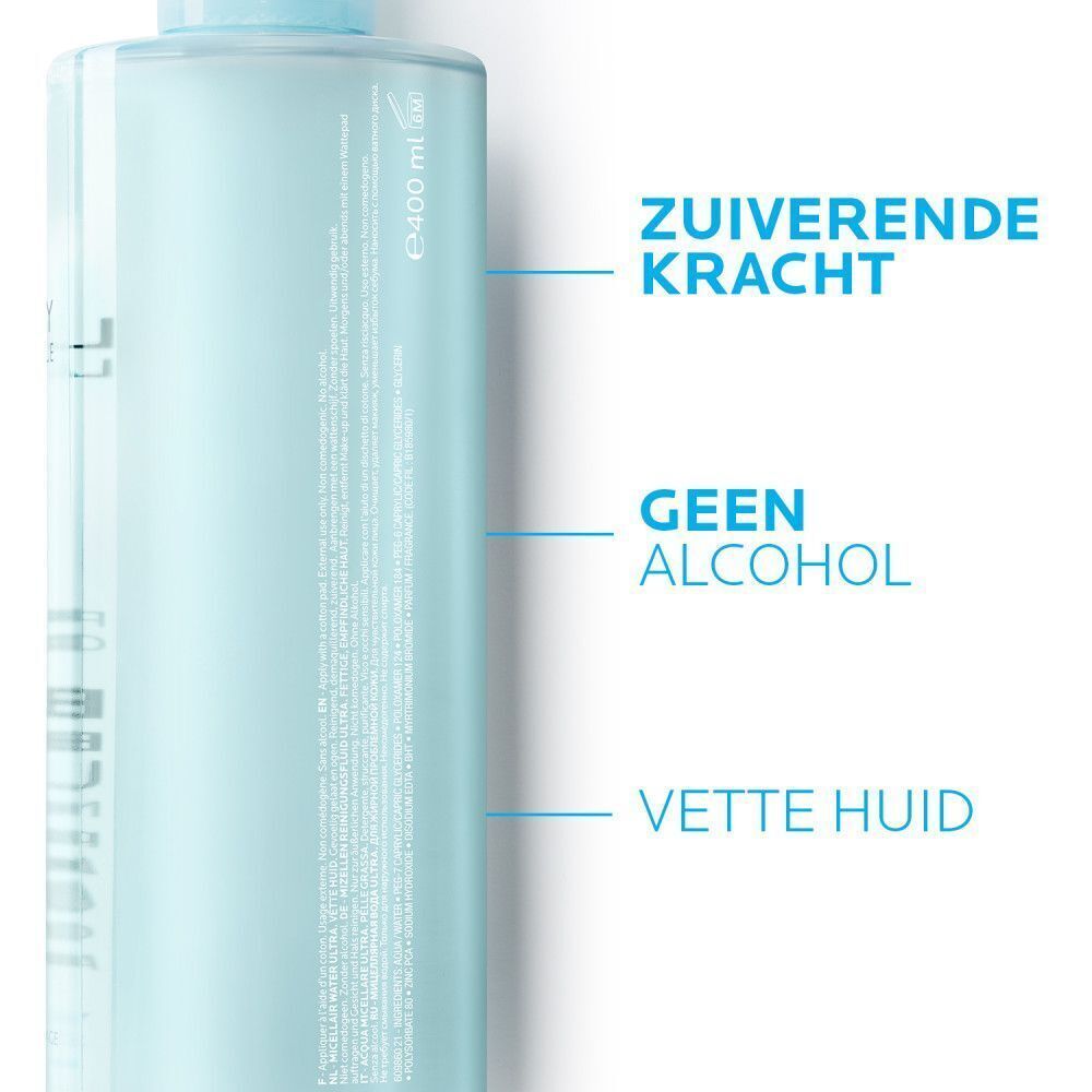 Fles La Roche-Posay Effaclar Ultra Micellair Water. Tekst: Zuiverende Kracht, Geen Alcohol, Vette Huid.