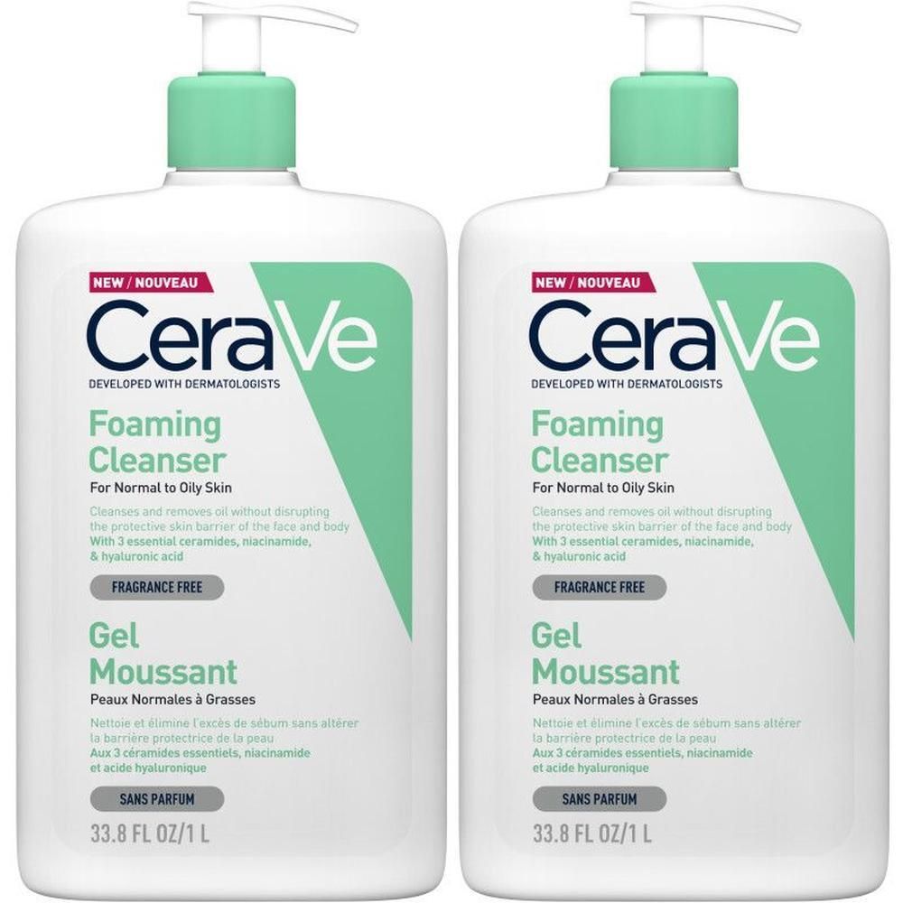 Twee flessen CeraVe Foaming Cleanser. Witte flessen met groene pomp. Tekst: Foaming Cleanser, Gel Moussant.