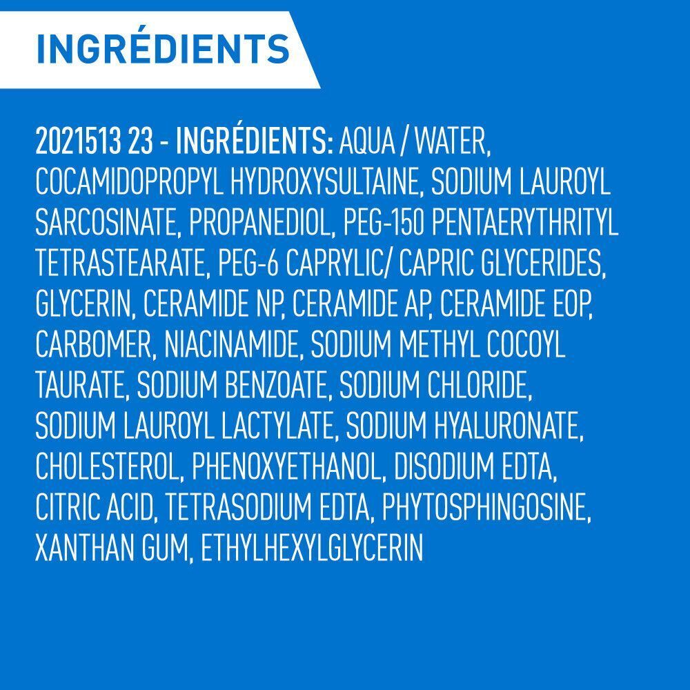Texte: Ingrédients. Liste des ingrédients du CeraVe Gel Nettoyant Moussant.