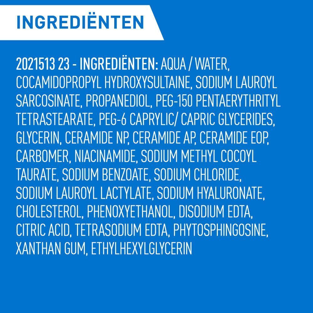 Tekst: Ingrediënten. Lijst van ingrediënten van CeraVe Foaming Cleanser.