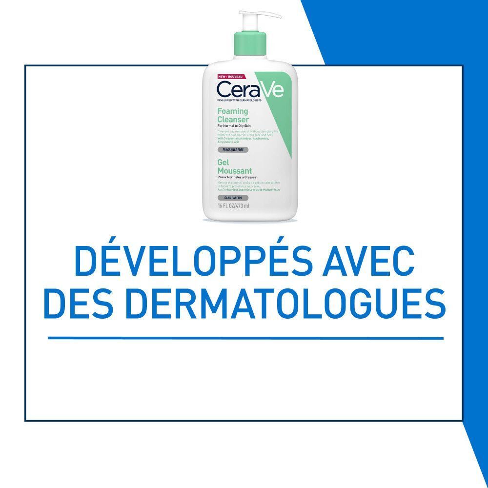 CeraVe Gel Nettoyant Moussant. Texte: Développé avec des dermatologues.