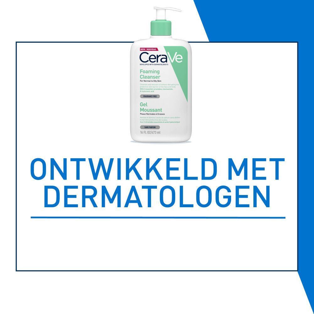 CeraVe Foaming Cleanser. Tekst: Ontwikkeld met dermatologen.
